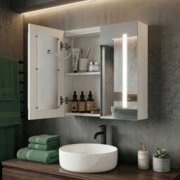 Beliani Bathroom Mirror Cabinet 60 X 60 Cm Silver With Built-In Led Lighting - thumbnail 1
