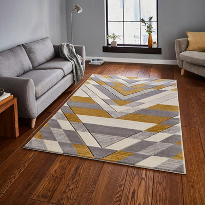 Beige Grey Yellow Abstract Geometric 15mm Pile Stain-Resistant Rug For Bedroom, Dining Room, Living Room-160Cm X 220Cm