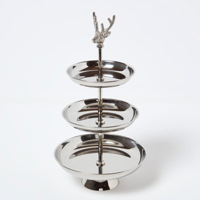 Homescapes Silver Aluminium 3-Tier Display Stand With Stag Head - image 1