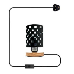 Modern Bedside Table Lamp With Wooden Stand, Metal Cage , On Off Switch , Black Lamp - thumbnail 2