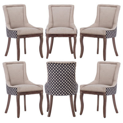 HomeTouch Set Of 6 Beige Fabric Dining Chairs With Nailhead Trim & Wood Legs - image 1