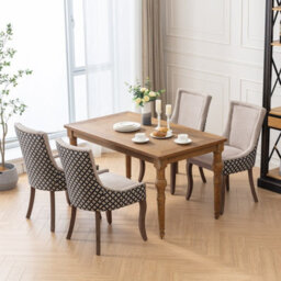 HomeTouch Set Of 6 Beige Fabric Dining Chairs With Nailhead Trim & Wood Legs - thumbnail 3