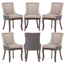 HomeTouch Set Of 6 Beige Fabric Dining Chairs With Nailhead Trim & Wood Legs - thumbnail 1