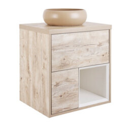Homestylestore Light Oak 594mm Led Lit Wall Hung Bathroom Vanity Unit Round Sand Countertop Basin Open Shelf