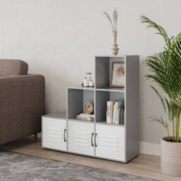 Urbn-Living Urbnliving 91Cm Height 6 Cube Step Grey Storage Bookcase Shelf Unit Metal White Door - thumbnail 3