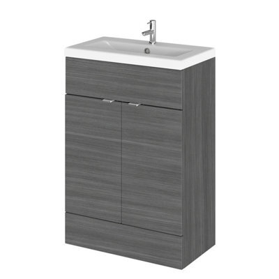 Hudson Reed Fusion Floor Standing 2 Door Vanity Unit & Ceramic Basin, Vanity Unit With Basin, Anthracite Woodgrain, 600mm - image 1