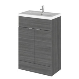 Hudson Reed Fusion Floor Standing 2 Door Vanity Unit & Ceramic Basin, Vanity Unit With Basin, Anthracite Woodgrain, 600mm - thumbnail 1