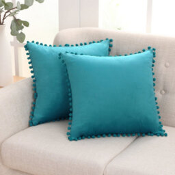 Deconovo 2 Pack Poms Crushed Velvet Cushion Covers 55Cm X 55Cm Pillowcases For Bedroom With Invisible Zipper 22X22 Inches Teal - thumbnail 3