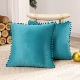 Deconovo 2 Pack Poms Crushed Velvet Cushion Covers 55Cm X 55Cm Pillowcases For Bedroom With Invisible Zipper 22X22 Inches Teal - thumbnail 1