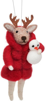 Sass & Belle Christmas Felt Reindeer And Snowman Hanging Tree Decoration, Small Red Felt Ornament 7 X 14.5 X 5 Cm