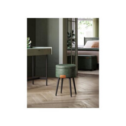 Stool, Bench With Storage, Faux Leather, Stitching, Mid-Century Modern Style, Modern, Round, Steel Legs, Forest Green