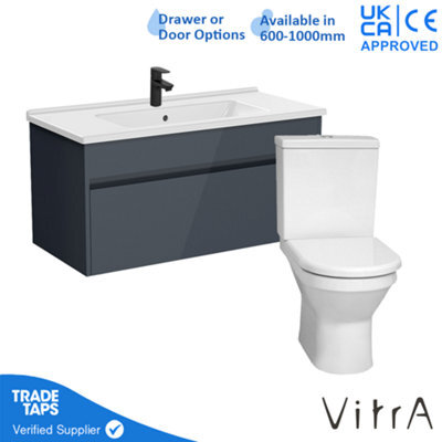 Vitra 1000mm Wall Hung Bathroom Vanity Unit With 1 Drawer Includes Basin, Black Tap And Close Coupled Toilet Set - Grey Gloss - image 1