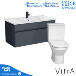 Vitra 1000mm Wall Hung Bathroom Vanity Unit With 1 Drawer Includes Basin, Black Tap And Close Coupled Toilet Set - Grey Gloss - thumbnail 1
