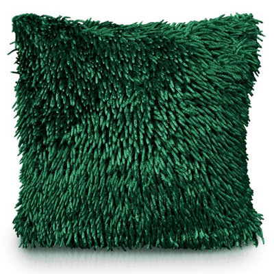 Velosso Velvet Touch Shaggy Chenille Cushion, Soft Texture, Zip Closure, Machine Washable, Luxury Living Room Decor - Emerald