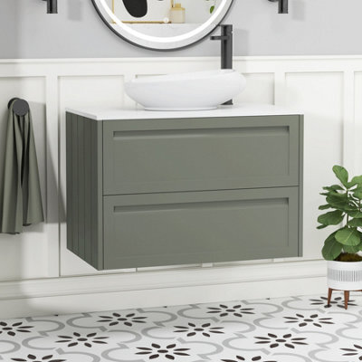 Royal Bathrooms Royal Bathroom Elmore 800mm Matt Green Wall Mounted Bathroom Vanity Unit 2 Drawer Plain White Worktop With Nova Basin - image 1