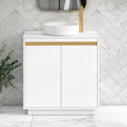 Royal Bathrooms Orion 800mm Matt White Floor Standing Vanity Unit 2 Door With Plain White Undrilled Worktop & Brushed Brass Accent Trim - thumbnail 2