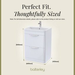 Balterley Aldershawe Modern Bathroom Floor Standing 2 Drawer Vanity Unit Basin, Gloss White, 600mm - thumbnail 3