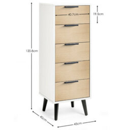Oakham Premium Arden 5 Drawer Narrow Chest - White & Oak - thumbnail 5