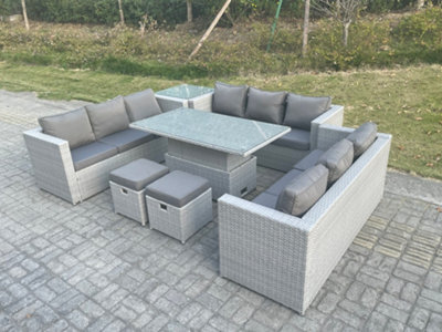 Fimous U Shape Lounge Rattan Garden Furniture Set Adjustable Rising Lifting Table Dining Set With Side Coffee Tea Table Stool - image 1