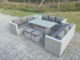Fimous U Shape Lounge Rattan Garden Furniture Set Adjustable Rising Lifting Table Dining Set With Side Coffee Tea Table Stool - thumbnail 3