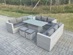 Fimous U Shape Lounge Rattan Garden Furniture Set Adjustable Rising Lifting Table Dining Set With Side Coffee Tea Table Stool - thumbnail 2