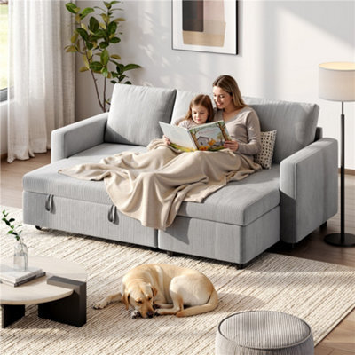 Yaheetech Corduroy Convertible Sectional Sofa With Reversible Chaise, Pull-Out Sleeper Bed, 3-Seat L-Shaped Couch - image 1