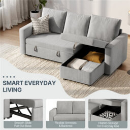 Yaheetech Corduroy Convertible Sectional Sofa With Reversible Chaise, Pull-Out Sleeper Bed, 3-Seat L-Shaped Couch - thumbnail 5