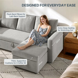 Yaheetech Corduroy Convertible Sectional Sofa With Reversible Chaise, Pull-Out Sleeper Bed, 3-Seat L-Shaped Couch - thumbnail 4