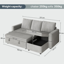 Yaheetech Corduroy Convertible Sectional Sofa With Reversible Chaise, Pull-Out Sleeper Bed, 3-Seat L-Shaped Couch - thumbnail 3