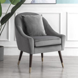Octavia 74Cm Wide Pillow Back Grey Velvet Fabric Accent Chair With Steel Tipped Walnut Colour Wooden Legs