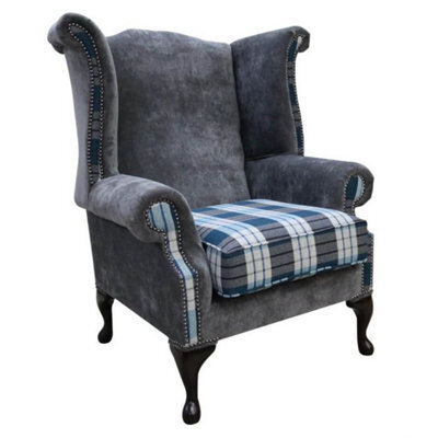 Chesterfield Saxon Armchair Kintyre Teal Check And Slate Grey Fabric In Queen Anne Style - image 1