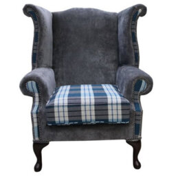 Chesterfield Saxon Armchair Kintyre Teal Check And Slate Grey Fabric In Queen Anne Style - thumbnail 2