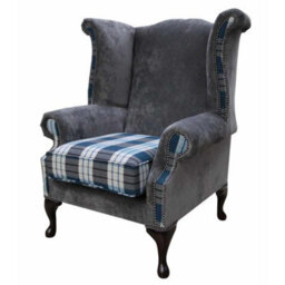 Chesterfield Saxon Armchair Kintyre Teal Check And Slate Grey Fabric In Queen Anne Style - thumbnail 3