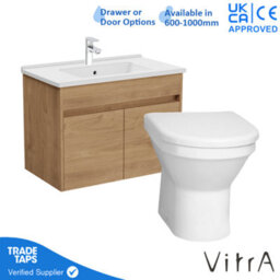 Vitra 800mm Wall Hung Bathroom Vanity Unit With 2 Doors Includes Basin, Chrome Tap And Back To Wall Toilet - Golden Oak