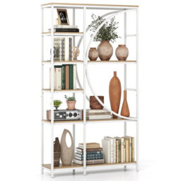 Costway 6-Tier Bookshelf 177 Cm Tall Bookcase With Metal Frame-White & Natural