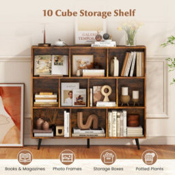 Gainoom 10-Cube Brown Bookcase Mid Century Modern Storage Organizer - thumbnail 4