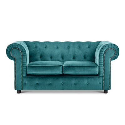 Furnishings For Less UK Ashbourne Chesterfield Large Teal Velvet Fabric 2 Seater Sofa Studded Design - image 1