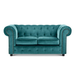 Furnishings For Less UK Ashbourne Chesterfield Large Teal Velvet Fabric 2 Seater Sofa Studded Design