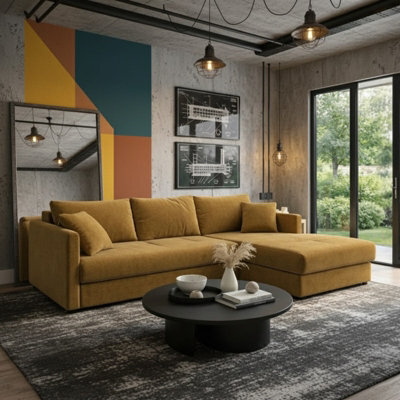 Orea Modern L Shape Sofa Bed With 2 Storage Compartments Reversible Fabric Corner Settee Sleep Function 227X150Cm Mustard Right - image 1