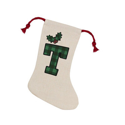 Purely Home Green Tartan Alphabet Letter T Stocking - Novelty Initial Xmas Gift Linen-Style With Red Drawstring Ties - image 1