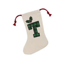 Purely Home Green Tartan Alphabet Letter T Stocking - Novelty Initial Xmas Gift Linen-Style With Red Drawstring Ties - thumbnail 2