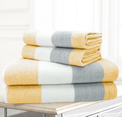 Velosso 4Pc Striped Cotton Hand And Bath Towel Set Durable Everyday Towel Set Yellow