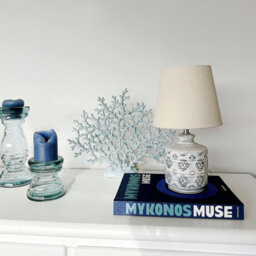 Beliani Beige And Blue Embossed Ceramic Table Lamp With Warm Beige Fabric Shade, 20Cm X 20Cm X 35Cm - thumbnail 1