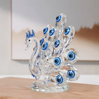 Biznest Xl Beautiful Glass Blue Eyed Peacock Crystal Clear Ornament Figurine Freestanding Indoor Home Tabletop Bird Deco Shelf Sitter 20Cm - image 1