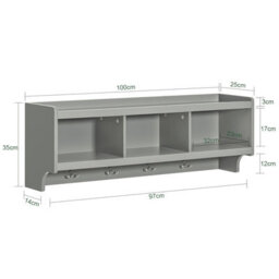 Sobuy Fhk28-Hg, Wall Coat Rack Wall Shelf Wall Storage Cabinet Unit With 3 Compartments 4 Hooks, Grey,w100Xd24.7Xh35 - thumbnail 3
