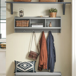 Sobuy Fhk28-Hg, Wall Coat Rack Wall Shelf Wall Storage Cabinet Unit With 3 Compartments 4 Hooks, Grey,w100Xd24.7Xh35 - thumbnail 2