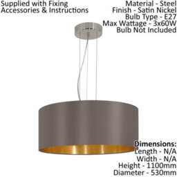 Elegant Satin Nickel Pendant Ceiling Light With Cappuccino Gold Fabric Shade - thumbnail 2
