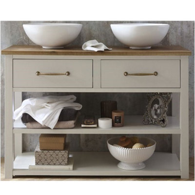 Homestylestore Antique White And Oak 1215mm Bathroom Vanity Unit With Two Round Countertop Basins And Aged Gold T Bar Handles - image 1