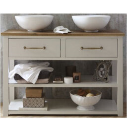 Homestylestore Antique White And Oak 1215mm Bathroom Vanity Unit With Two Round Countertop Basins And Aged Gold T Bar Handles