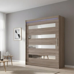 Sliding Wardrobe Westa Xiii 150 Cm With Mirror Panels And Rgb Led Lights Truffle - thumbnail 1